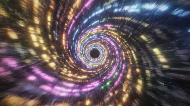 Abstract multicolored neon light trails spiraling toward a central black point, creating a deep tunnel effect with streaks of pink, blue, green, and yellow light.