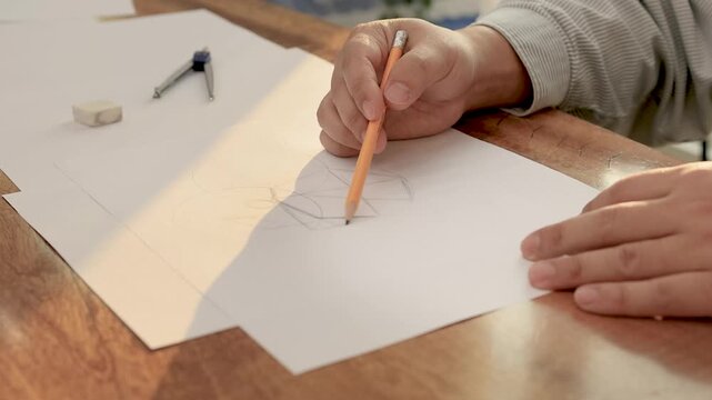 A close-up of a hand drawing curved sketch lines on white paper with a pen on a wooden desk surface.