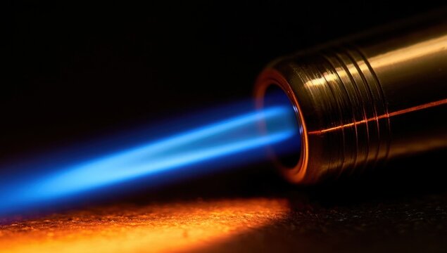 A metal gas torch emitting a focused blue flame onto a wooden surface