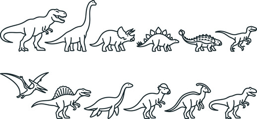 Dinosaur Line Art Collection Featuring Tyrannosaurus Brachiosaurus Triceratops Stegosaurus Spinosaurus Velociraptor Pterodactyl and Sauropod Outline Illustrations for Prehistoric Design © MstSuborna