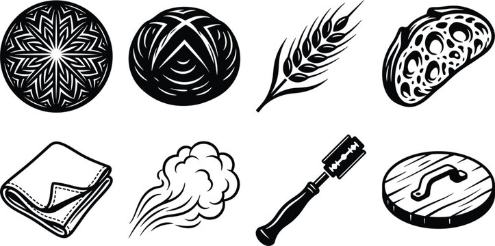 Artisanal Sourdough Bread Baking Icon Set with Round Loaf, Wheat Ear, Bread Lame, Slashing Pattern, and Towel Vector Illustration