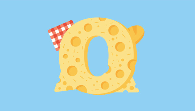 Creative alphabet letter O designed to look like a piece of holey yellow cheese with a red checkered picnic cloth.