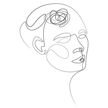 Continuous line art of a woman face with tangled thoughts concept