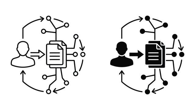 Data processing digital document information flow cycle icon set with processing