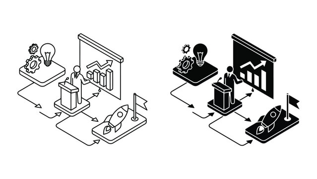 Business innovation and startup launch process isometric icon with innovation