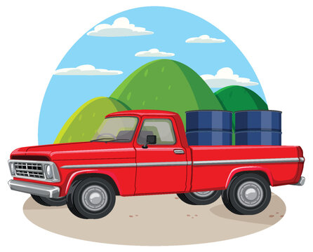 Red Pickup Truck Carrying Barrels in Mountain Landscape