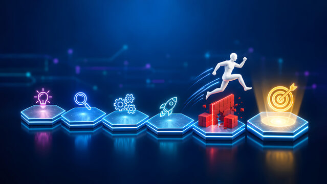 Business breakthrough concept featuring figure jumping over brick wall barrier toward glowing target goal