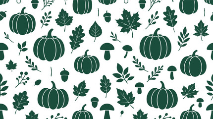 Seamless autumn vector pattern with pumpkins, leaves, acorns, and mushrooms in green silhouette © azad