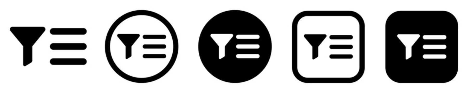 Filter list icon set with funnel and menu symbols. Sorting and search filter icons for dashboards, tables and data management