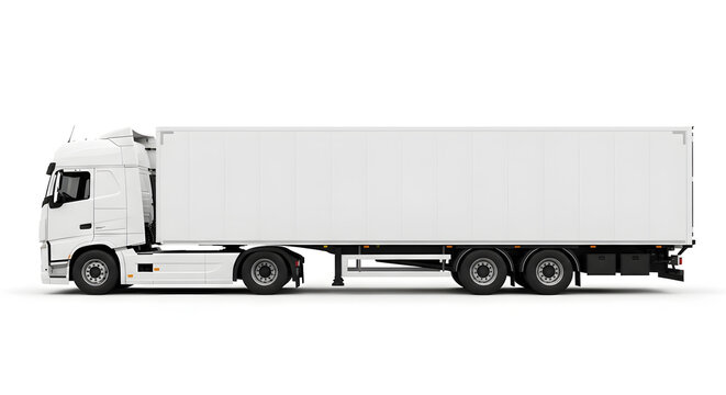 White semi-trailer truck mockup on white background, heavy duty cargo vehicle for freight transport, blank commercial delivery lorry for branding