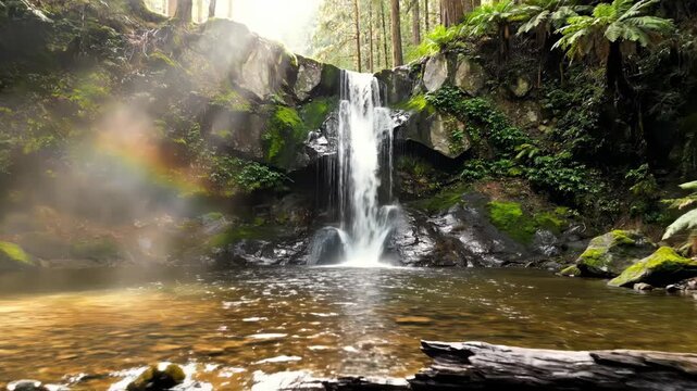 Serene waterfall cascading over mossy rocks into a calm forest pool with sunbeams filtering through tall trees and a rainbow appearing in the mist of the splashing water.