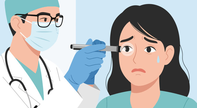 Ophthalmologist examining worried patient's eye with penlight