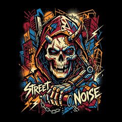 Obraz premium A menacing skull with robotic arm in a vibrant urban setting
