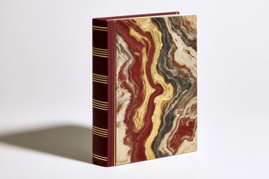 A single hardcover book with a marbled cover design stands upright on a neutral surface