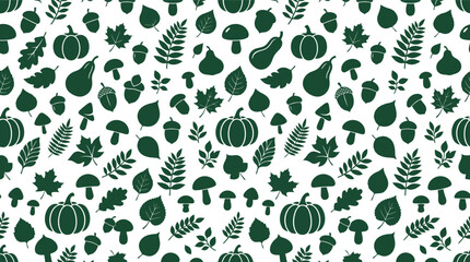 Seamless autumn vector pattern with pumpkins, leaves, acorns, and mushrooms in green silhouette © azad