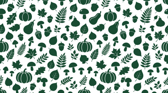 Seamless autumn vector pattern with pumpkins, leaves, acorns, and mushrooms in green silhouette