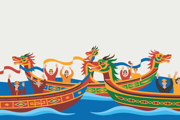 Dragon boat festival illustration with people rowing boats on water, traditional chinese cultural event, festive celebration, vector art © Foysal