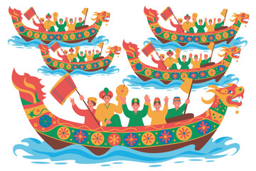 Dragon boat festival illustration with people rowing boats, traditional chinese holiday celebration © Foysal