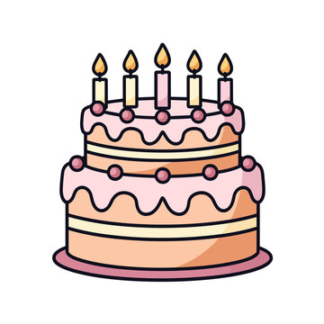 Pink birthday cake with candles, flat vector illustration
