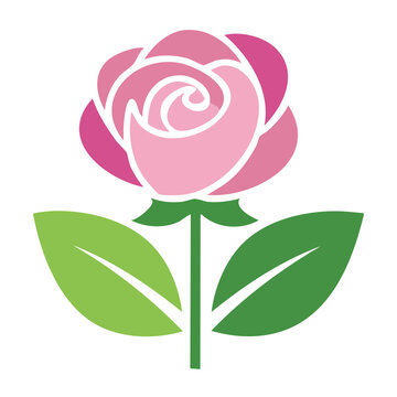 Pink rose icon with green leaves on transparent background