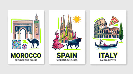 Travel Posters: Morocco, Spain, Italy - Iconic Landmarks and Culture © Apar
