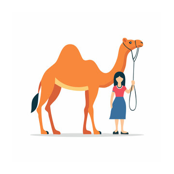 Woman holding a camel on a leash in flat design