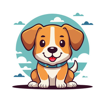 Cute cartoon puppy sitting and smiling on a blue sky background