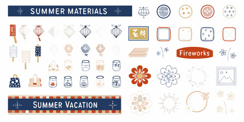summer materials collection featuring lanterns ice cream fireworks and flowers japanese vacation festival icons illustration vector design elements pattern decorative seasonal © Lalin