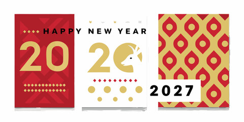 three vertical banners with happy new year 2027 text and decorative patterns greetings celebration festival red banner gold white yellow circles © Lalin