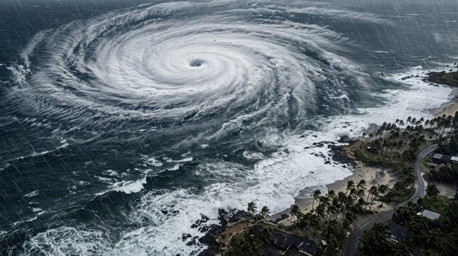 Aerial view of a tropical cyclone spiraling over dark ocean, with dense cloud bands, whitecaps smashing against a low coastline, wind-bent palms, and rain curtains sweeping across the water, capturing