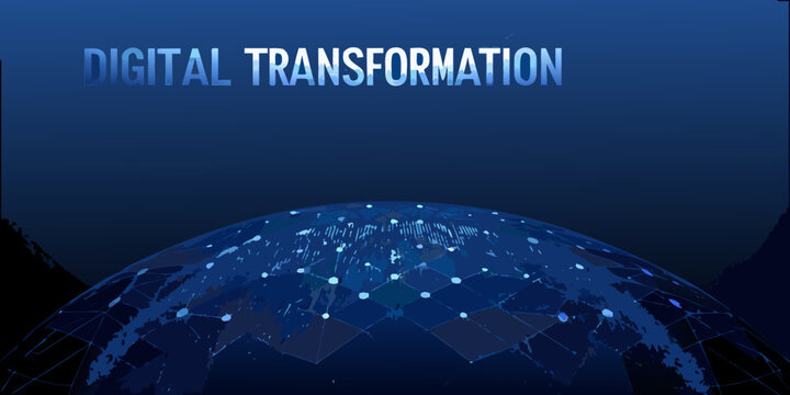 digital transformation text over futuristic globe 3d render earth planet blue geometric network connections technology innovation modern science global communication data