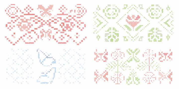 cross stitch embroidery patterns pixelated vintage design on white background ornamental textile needlework crafts decorative traditional artistic handmade aesthetic retro stylized