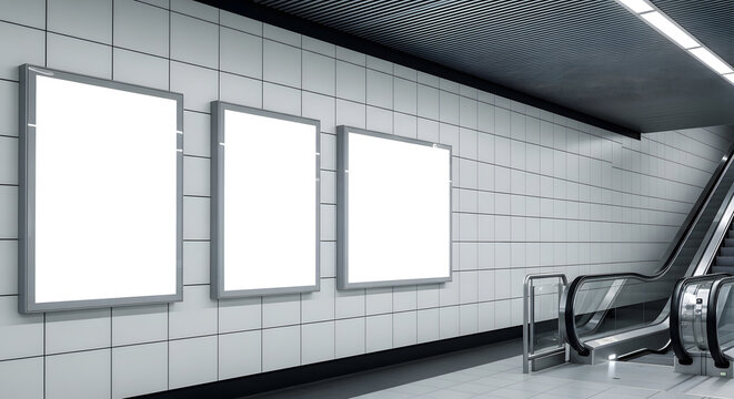 Blank billboard mockup in subway station, three vertical lightboxes on tiled wall, empty advertising frames near escalator in underground metro