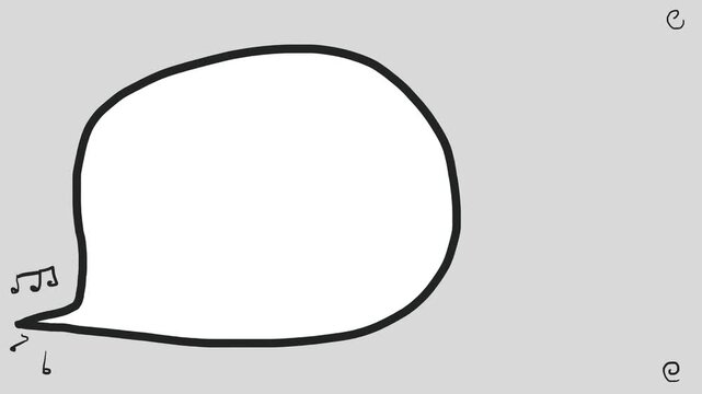 A speech bubble hangs on a grey background, and sounds flow from outside - either someone speaking off-screen or music playing.