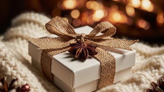 Small white gift box tied with a brown burlap ribbon and decorated with star anise, resting on a chunky white knit wool sweater with warm golden bokeh lights in the background.