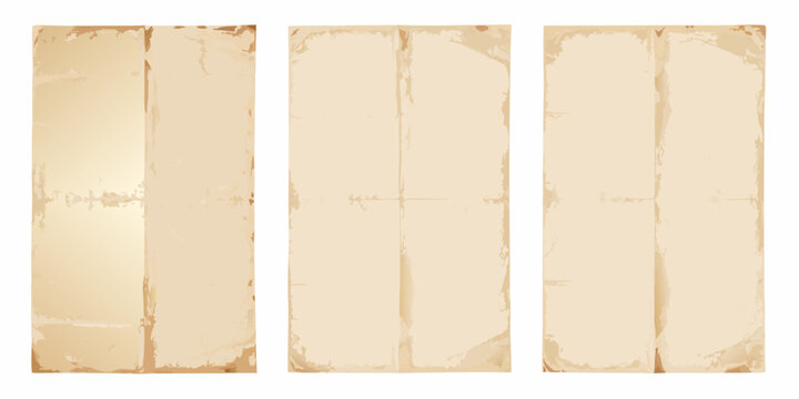 three vertical sheets of old folded beige paper on white background document parchment vintage antique texture grunge vector illustration graphic design