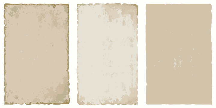three vertical sheets of vintage aged parchment on white background paper old document antique scroll historical grungy texture beige color sheet