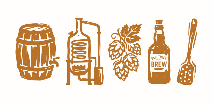 Vintage craft brewery and distillery icons set for artisanal beverage branding