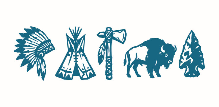 Tribal heritage vector icons featuring bison tipi and tomahawk for cultural storytelling