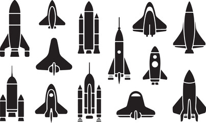 Collection of futuristic space shuttle icons in black and white © Masud