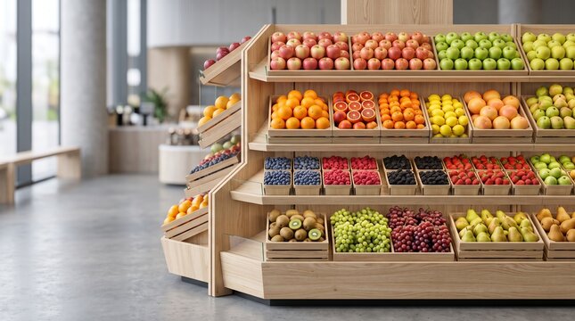 Modern grocery store fruit display, fresh organic produce on wooden shelves, supermarket interior with colorful apples and berries