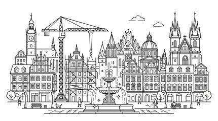 Obraz premium Prague Skyline Cityscape Outline Drawing with Fountain and Crane