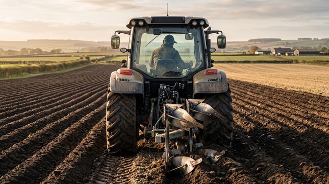 Modern farm tractor plowing field at sunset, agricultural machinery cultivating soil in rural landscape, farmer driving heavy equipment on farmland