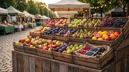 Obraz premium Fresh organic fruit display at outdoor farmers market, rustic wooden crates filled with apples, pears and berries, vibrant local produce stand