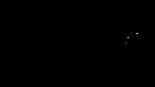 Sparkling fairy dust line animation with white glowing glitter stars, 2D twinkling magic particle trail, curved starlight motion, luxury flat vector doodle stars on black screen, seamless loop, 4K