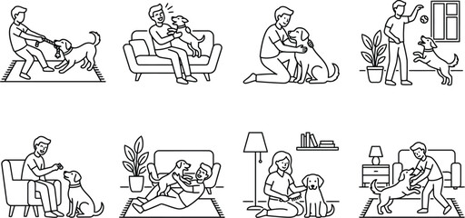 Obraz premium Minimal Line Art Vector Icons of People Playing and Caring for Dogs at Home