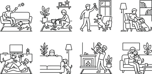Obraz premium People Interacting and Playing with Dogs at Home Vector Line Art Icon Set