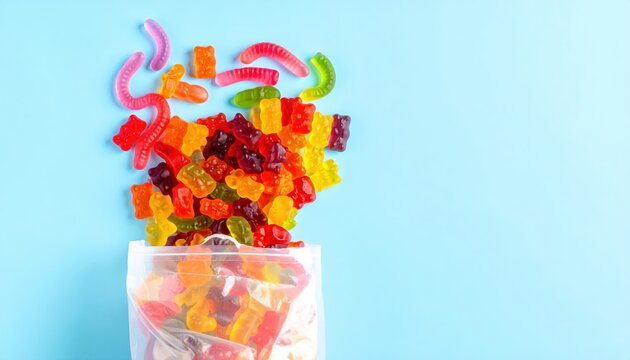 A Burst of Colorful Gummy Bears and Worms