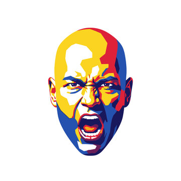 Shouting man head with aggressive expression in vibrant pop art