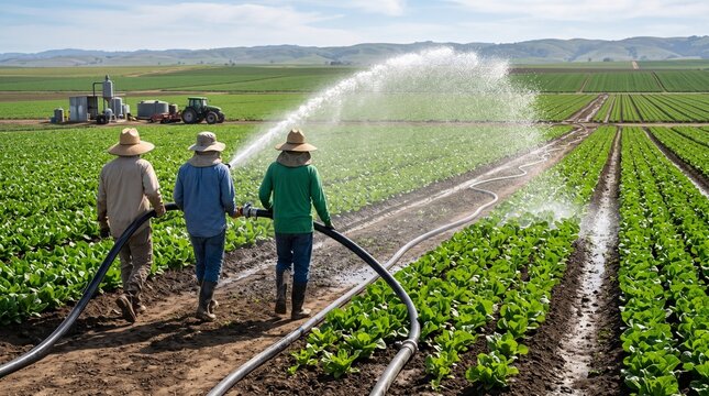 Agricultural workers watering green crops with high pressure hose, farm irrigation system in rural field, manual labor in commercial farming